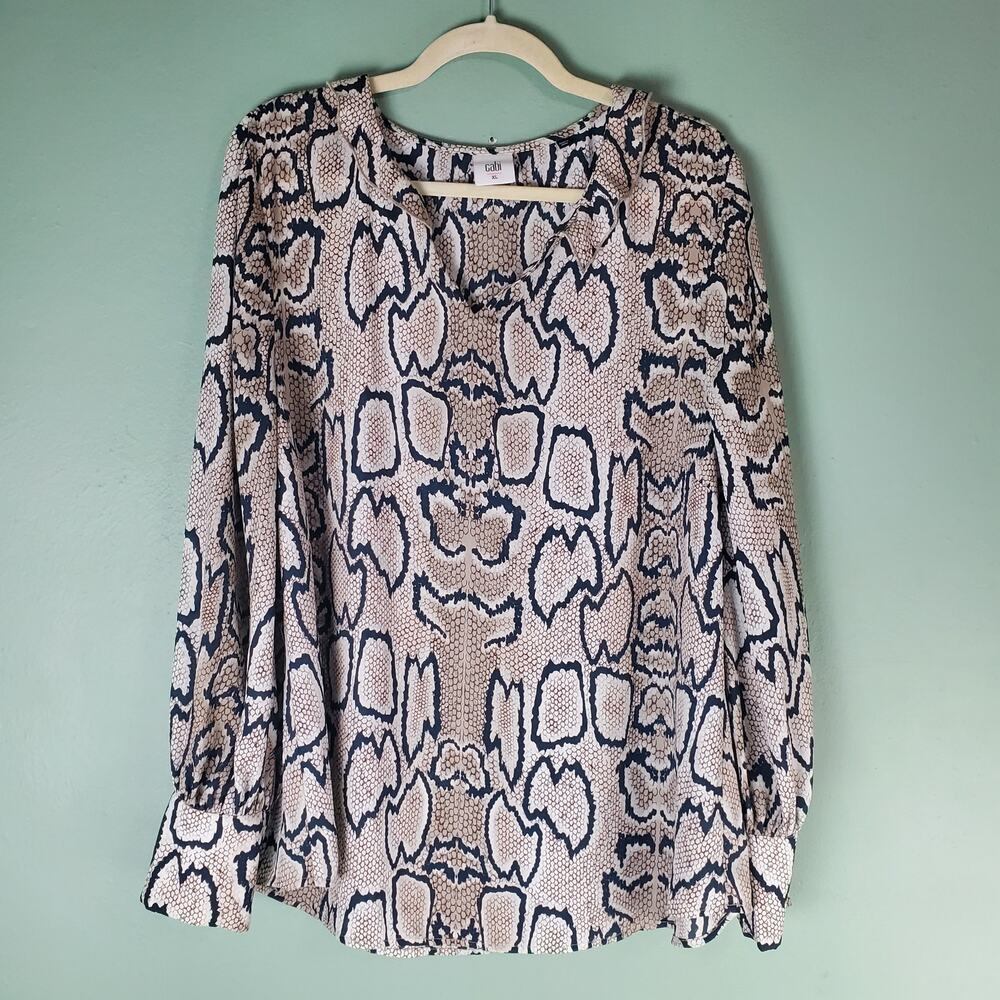 Cabi Womens Serpentine Snake Print V-Neck Ruffle Trim Blouse Size XL
